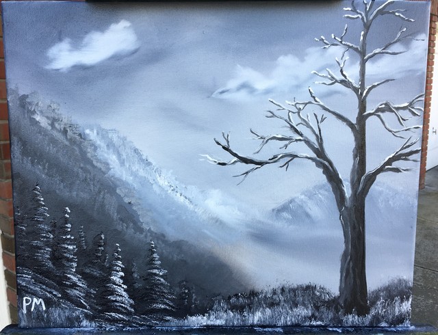 Painting of a snowy ridge with a tree in the foreground